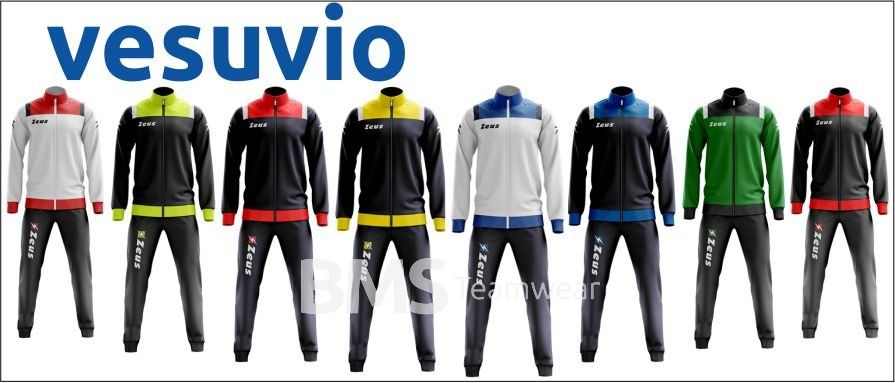 Vesuvio cycling outfits in multiple colorways displayed in a row on a white background