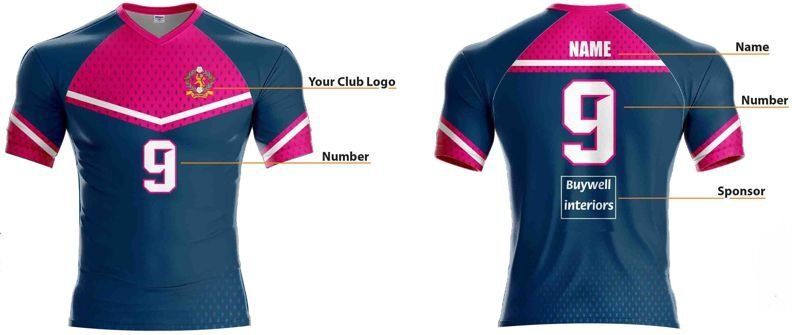 Two views of a pink and navy sports jersey with white trim and the number 9 on front and back