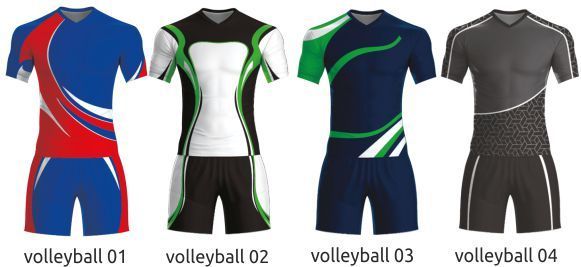 Four volleyball jersey designs in blue, black, green, and gray with red or white accents.