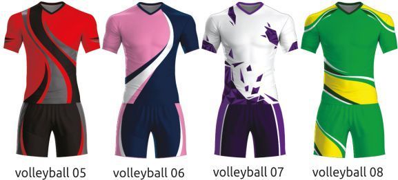 Four volleyball jersey designs in red, pink, white, and green with matching shorts displays