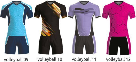 Four volleyball jerseys in blue, black, lavender, and pink on a white background, labeled 09–12