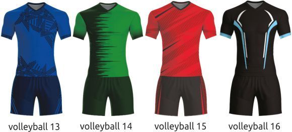 Four volleyball jerseys in blue, green, red, and black with white accents, labeled 13 to 16.