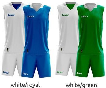 Two sports jersey and shorts sets shown side by side: white/royal and white/green.