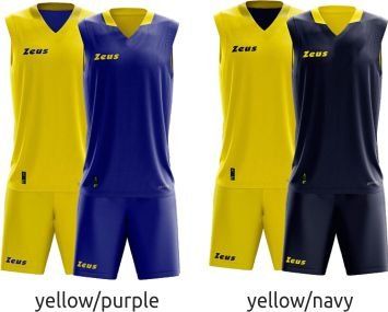 Two pairs of athletic uniforms shown in yellow/purple and yellow/navy colorways.