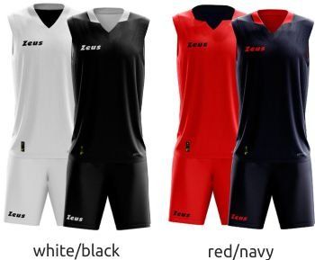Four Zeus sleeveless sports kits in white, black, red, and navy, shown front view with color labels.
