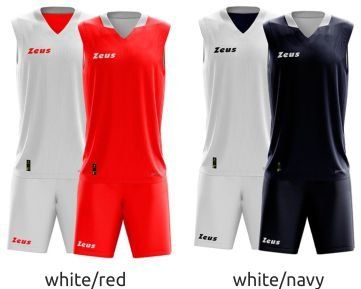 Two sleeveless athletic jerseys and shorts sets in white/red and white/navy.