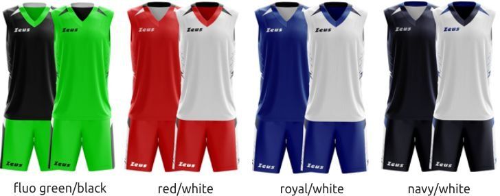 Four sports jersey and shorts sets in fluorescent green, red-white, royal blue-white, and navy-white.