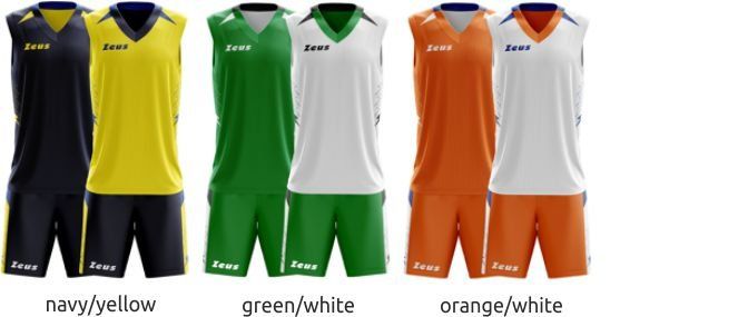 Three volleyball uniforms in navy/yellow, green/white, and orange/white colorways