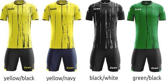 Four cycling jerseys in yellow/black, yellow/navy, black/white, and green/black are shown side by side.