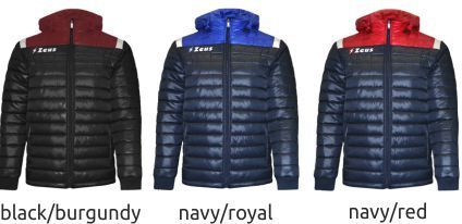 Three puffer jackets in black/burgundy, navy/royal, and navy/red colorways.
