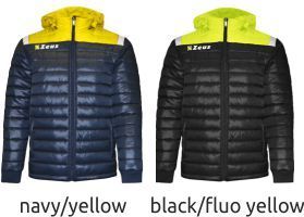 Two hooded puffer jackets: navy/yellow and black/fluoro yellow.