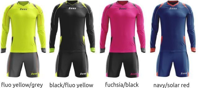 Four cycling jerseys and shorts in fluo yellow/grey, black/fluo yellow, fuchsia/black, and navy/solar red