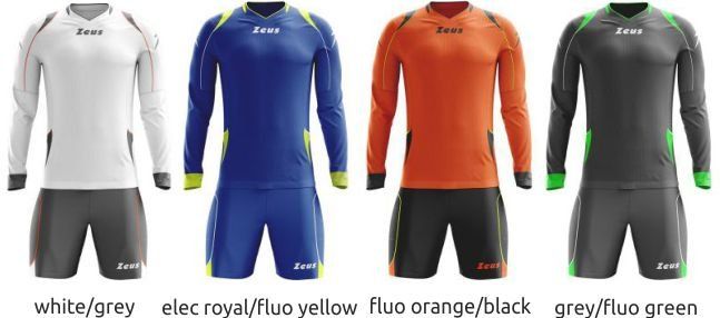 Four long-sleeve athletic tops in white/grey, blue/yellow, orange/black, and grey/fluo green colors.