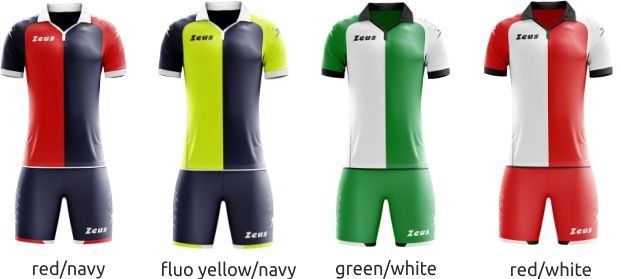 Four cycling jerseys shown in red/navy, yellow/navy, green/white, and red/white colorways.