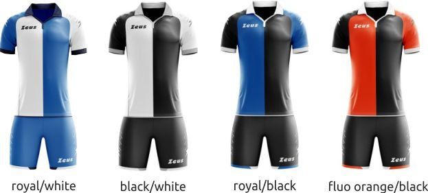 Four cycling jerseys in blue/white, black/white, blue/black, and red/orange/black colorways.