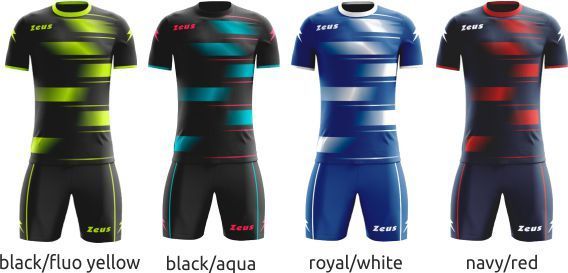 Four athletic jerseys shown in black/fluo yellow, black/aqua, royal/white, and navy/red colorways.