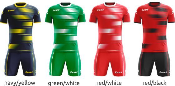 Four soccer jerseys shown in navy/yellow, green/white, red/white, and red/black colorways.