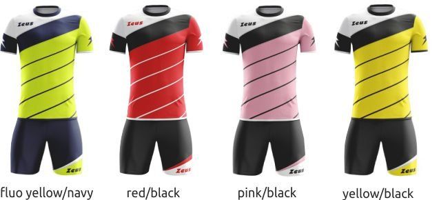 Four long-sleeve tops in fluo yellow/navy, red/black, pink/black, and yellow/black colorways.