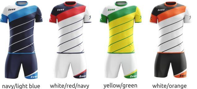 Four cycling jerseys shown side by side in navy/light blue, white/red/navy, yellow/green, and white/orange colors.