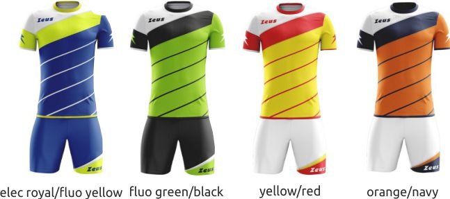 Four cycling jerseys in blue, green, yellow, and orange shown side by side with color labels underneath