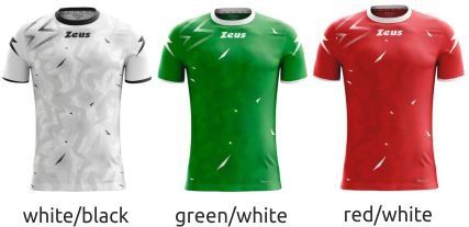 Three Zeus short-sleeve jerseys in white/black, green/white, and red/white.