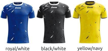 Three sports jerseys in royal/white, black/white, and yellow/navy colors.