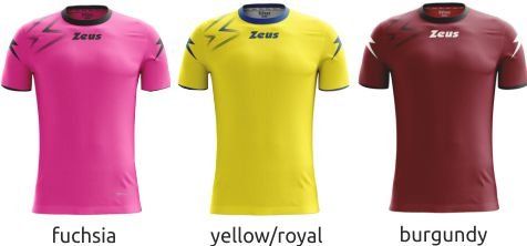 Three athletic T-shirts in fuchsia, yellow/royal, and burgundy displayed side by side.