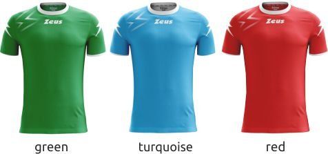 Three short-sleeve athletic shirts in green, turquoise, and red, shown side by side