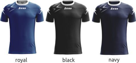 Three athletic shirts in royal blue, black, and navy with Zeus logo and color labels