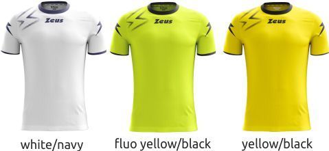 Three Zeus athletic shirts in white/navy, neon yellow/black, and yellow/black