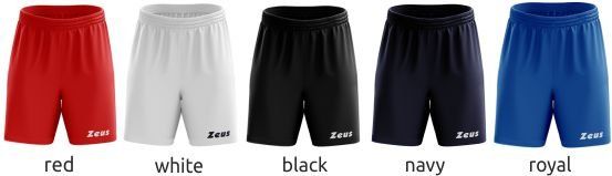 Five pairs of athletic shorts in red, white, black, navy, and royal blue on a white background