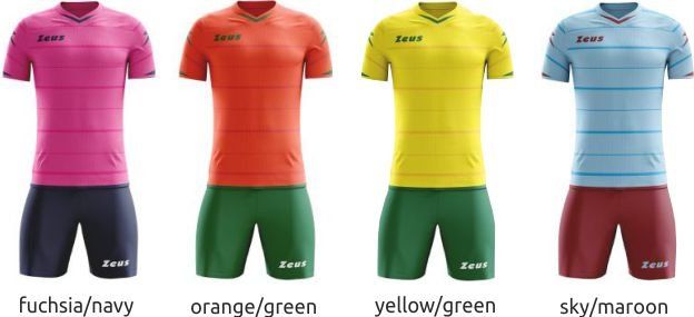 Four cycling jerseys in fuchsia/navy, orange/green, yellow/green, and sky/maroon color combinations.