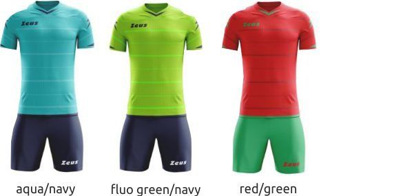 Three athletic jerseys shown in aqua/navy, fluo green/navy, and red/green color options