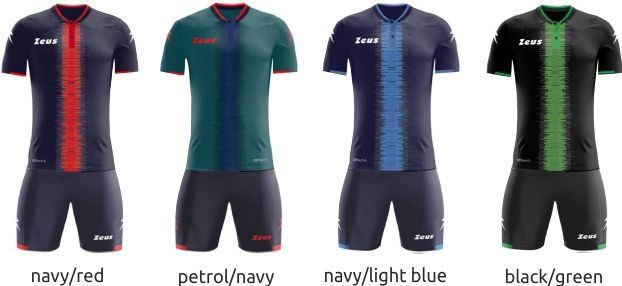 Four women’s cycling jerseys in navy/red, petrol/navy, navy/light blue, and black/green.