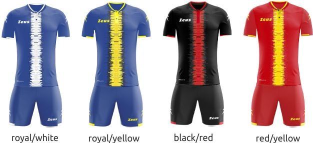 Four cycling jerseys shown side by side in royal/white, royal/yellow, black/red, and red/yellow colorways.
