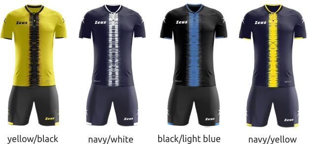 Four cycling jerseys shown front view in yellow/black, navy/white, black/light blue, and navy/yellow.