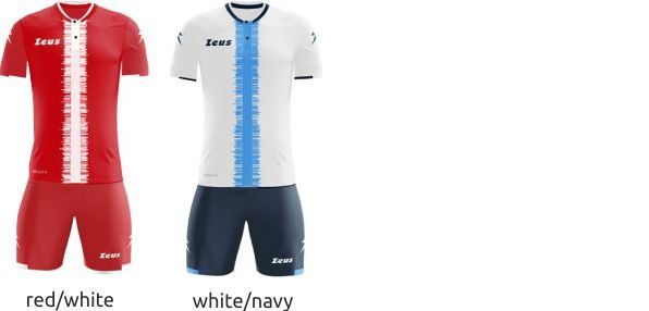 Two sports jerseys shown side by side: red/white and white/navy.