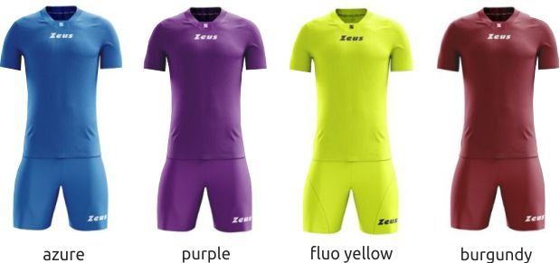 Four athletic compression shirts in azure, purple, fluo yellow, and burgundy on a white background