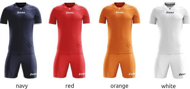 Four short-sleeve athletic jerseys in navy, red, orange, and white, lined up side by side.