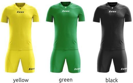 Three athletic outfits in yellow, green, and black, shown front and back with matching shorts.