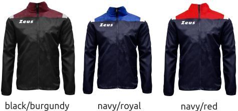 Three Zeus jackets shown in black/burgundy, navy/royal, and navy/red colors.