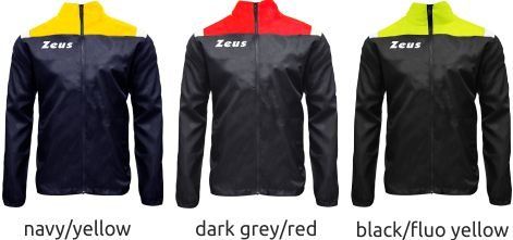 Three hooded jackets in navy/yellow, dark grey/red, and black/fluoro yellow.