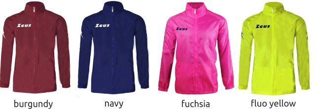 Four zip-up jackets in burgundy, navy, fuchsia, and fluo yellow displayed side by side.