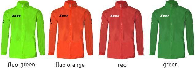 Four jackets in fluo green, fluo orange, red, and green displayed side by side.