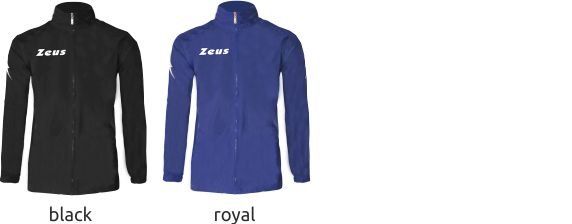 Black and royal blue zip-up jackets labeled with their colors underneath