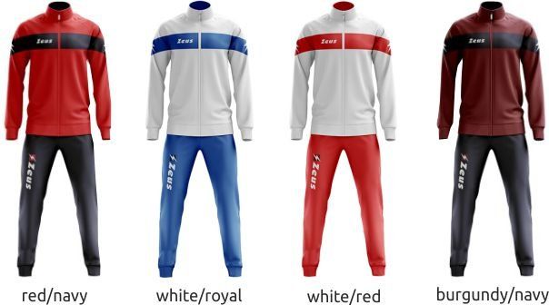 Four men’s tracksuits in red/navy, white/royal, white/red, and burgundy/navy colors on a white background
