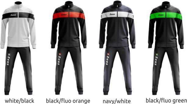 Four tracksuits in white/black, black/fluo orange, navy/white, and black/fluo green.
