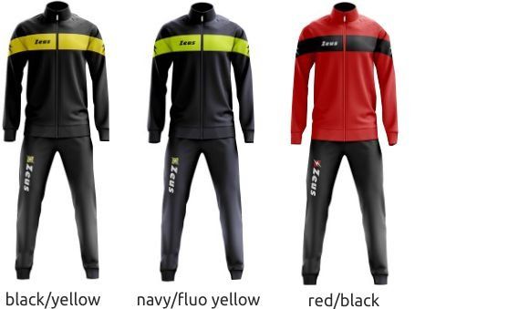 Three sports tracksuits in black/yellow, navy/fluo yellow, and red/black side by side.