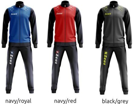 Three tracksuits shown in navy/royal, navy/red, and black/grey color combinations.