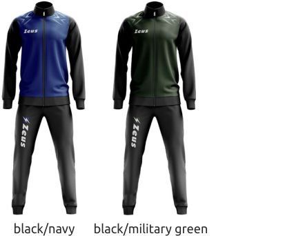 Two track suits: black/navy and black/military green, shown front view on a white background.